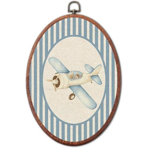 Vintage Airplane Cute Nursery Oval Wall Art Framed, Blue Striped Framed Canvas Prints, Unique Retro Boy or Girl Gift Hanging Wall Decor for Kids Toddler Room Bedroom Playroom, 8.6x11.4 Inch