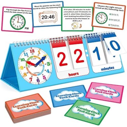 Torlam Learning Clock Flip Chart Colorful Analog & Digital Telling Time Teaching Clock for Kids, Math Manipulatives 1st 2nd Grade Homeschool Supplies Kindergarten Preschool Learning Activities Games