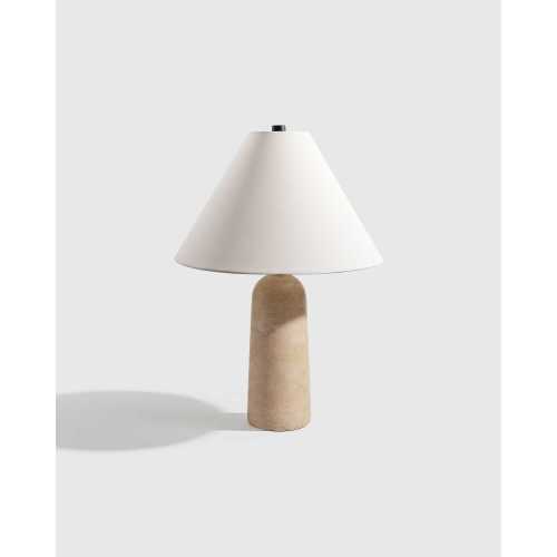 Travertine Table Lamp with Linen Shade in Beige