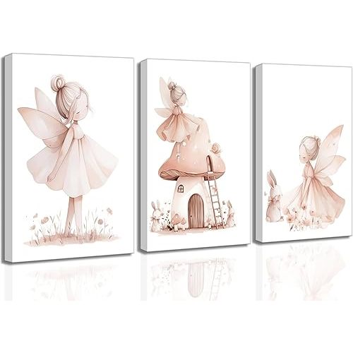 UNDDISINS 3 Pcs Pink Fairy Nursery Canvas Wall Art Girs Room Pink Nursery Painting Picture Wall Decor Cute Fairy Posters Art Fairies Paintings Artwork for Kids Room Toddler GirlRoom Home Decoration
