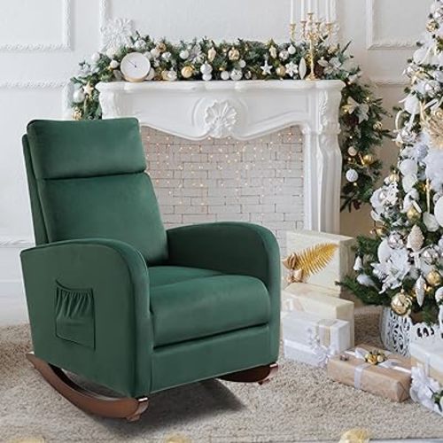 AVAWING Rocking Chair, Upholstered Glider with Solid Wood Legs, High Back Wooden Rocker with 2 Side Pockets for Living Room, Bedroom, Green