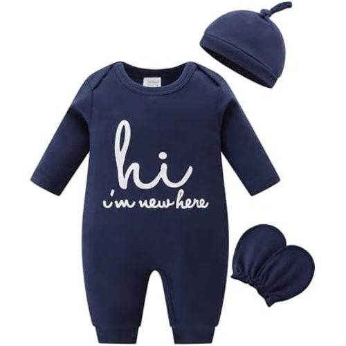 Babymine Cute Newborn Unisex Baby 100% Cotton Long Sleeve Onesie Coming Home Outfits,Soft Romper with Mittens & Hat