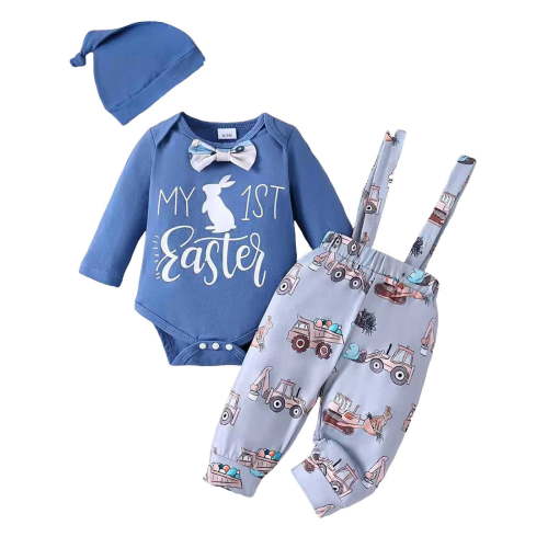 MEZZALL Toddler My First Easter Baby Boy Outfit Bunny Letter Print Long Sleeve Romper Suspender Pants Overalls Hat Clothes Set, 0-3 Months