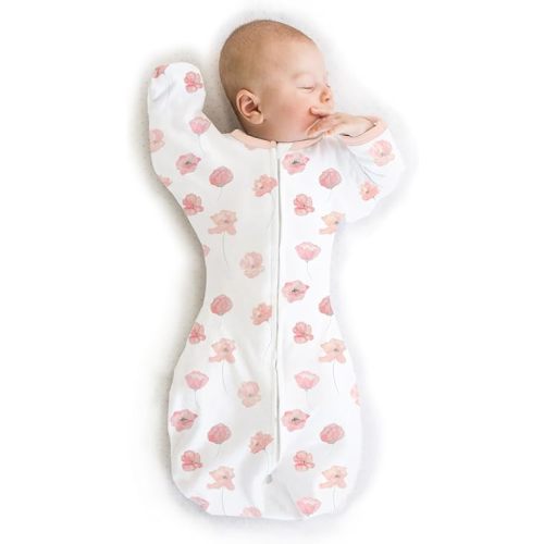 SwaddleDesigns Organic Transitional Swaddle Sack, Arms Up Swaddle with Half-Length Sleeves & Mitten Cuffs, Small, 0-3 Months, 6-14 lbs, Watercolor Peach Blush Poppies