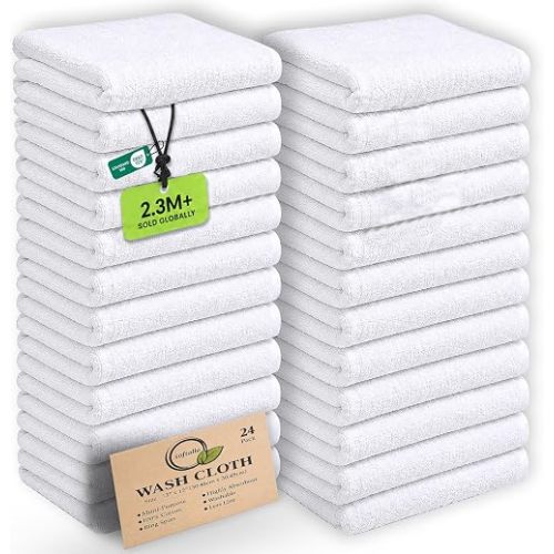 100% Cotton Washcloths 24 Pack (12x12 Inches) Soft, Highly Absorbent Washcloth, Face Towels, Wash Cloths for Face, Ring Spun, Bulk Pack (White)