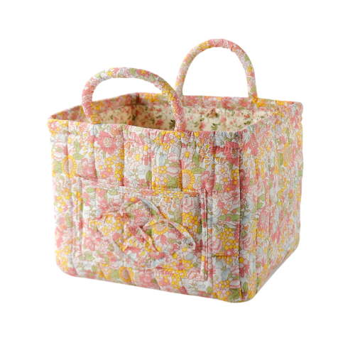 Boho Fabric Storage Basket with Handles, Large Capacity Foldable Floral Organizer for Clothes and Sundries, Quilted Puffer Tote Bag for Home, Picnic, Shopping, Travel