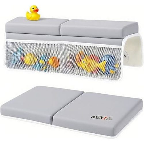 Water-Resistant Baby Bath Kneeler and Elbow Rest Pad Set, Soft Bathtub Kneeling Pad for Bathing Baby with Toys Pocket, Tub Knee Cushion Mat for First Time Mom Newborn Bath Time Essentials, Grey