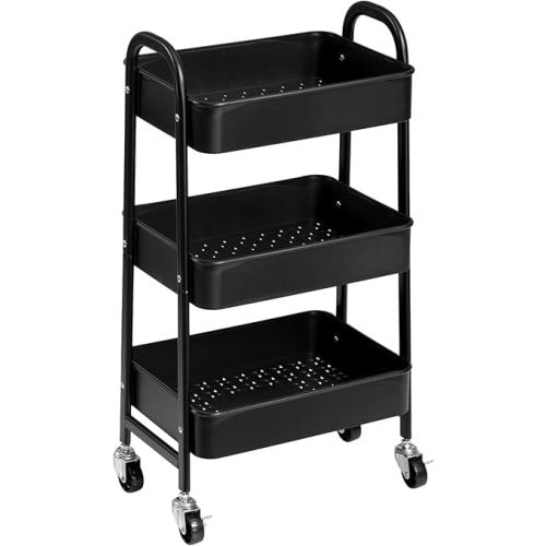 AGTEK 3-Tier Rolling Carts with Wheels, Rolling Utility Cart with Iron Frame for Kitchen, Plastic Shelves, Living Room, Office, Black