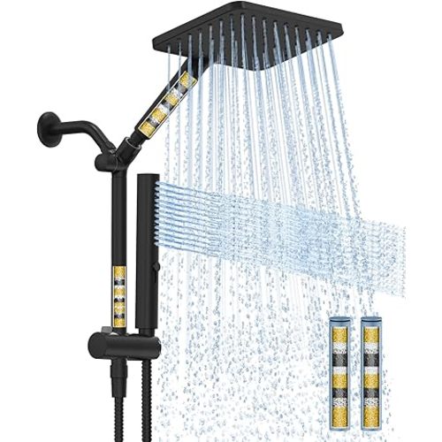 Filtered Shower Head with Handheld Combo High Pressure Shower Head with Filters 10 Inch Rain Shower Head Height Adjustable Dual Water Softener Shower Head for Hard Water - Removes Chlorine