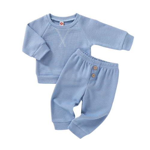 Tiny Cutey Infant Baby Boy Fall Clothes Outfits Toddler Waffle Solid Long Sleeve Top Pants Winter Set