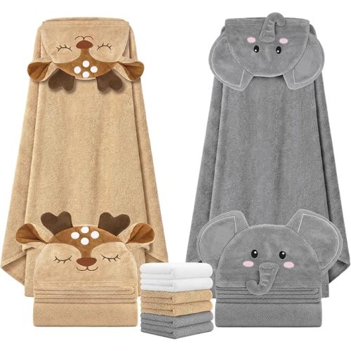8 PCS Toddler Towels Set for Baby Kids Bath Essentials, Sheep & Rabbit | 2 Baby Towels & 6 Washcloths, Large Size 59"x31.5", Ultra Soft, Thick and Absorbent, Cute Animal Hooded, Boys Girls 0-5 Years