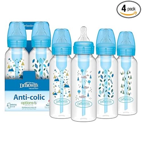 Dr. Brown's Natural Flow Anti-Colic Options+ Narrow Baby Bottle, Blue Nature, 8 oz/250 mL, with Level 1 Slow Flow Nipples, 0m+, 4 Pack
