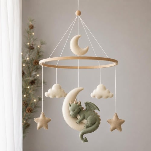 Dragon Nursery Baby Mobile, Baby Boy Mobile, Felt Hanging Toy, Fantasy Baby Nursery, Golden Moon and Stars, Baby Shower Gift, Baby Decor