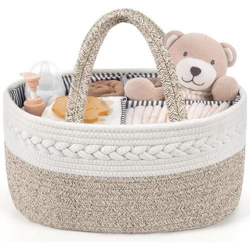 Maliton Baby Diaper Caddy Organizer, X-Large Cotton Rope, Rustic Style, Portable, 3 Compartments, A-Brown