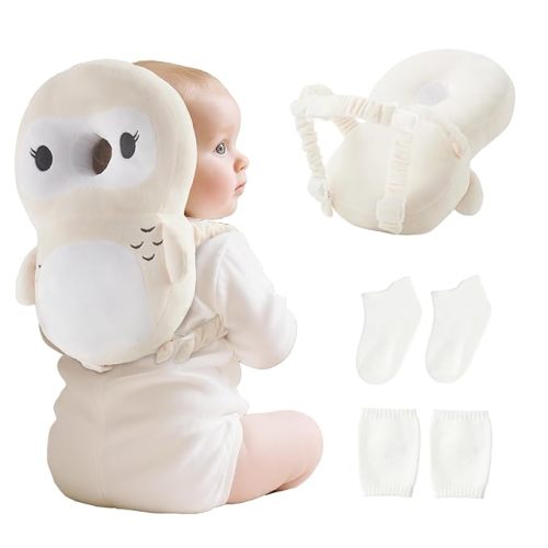 Fortella Baby Head Protector Backpack with Socks and Knee Pads - Adjustable Safety Pillow for Crawling Toddlers 5-12 Months, Soft Cushioned Support, Infant Travel Essentials Gift for Boys Girls (Owl)