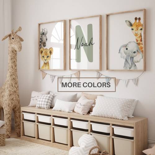 Set of 3 Safari Animal Nursery Decor Wall Art Print| Personalized name| Jungle Animal ,Lion, Elephant, Giraffe, Zebra| Child Kids| Custom