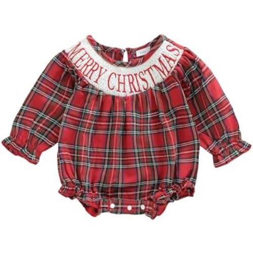 Ayalinggo My First Christmas Baby Girl Outfit Newborn Buffalo Plaid Bubble Romper Long Sleeve Round Neck Fall Winter Clothes