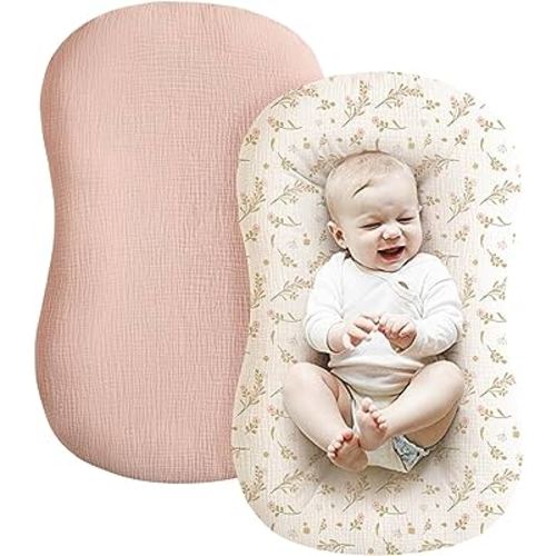 Konssy Muslin Baby Lounger Cover 2 Pack, 100% Cotton Newborn Lounger Cover, Soft and Breathable Removable Slipcover Infant Lounger Cover for Boy, Girl (Pink, Floral)
