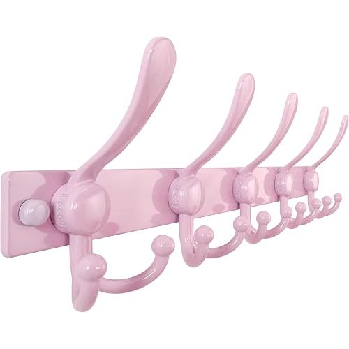 Coat Rack Wall Mount, Heavy Duty 12-Gauge Base vs Flimsy 1mm, Double-Thick Solid Anti-Snap Hooks, 16” Stud-Mount, Stainless Steel Hanger for Clothes Hat Entryway Closet Mudroom, Pink