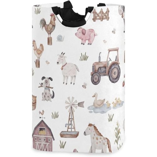 Kigai Farm Animal Laundry Basket, Waterproof Collapsible Laundry Hamper for Baby Nursery, Large Dirty Clothes Storage Bin Organizer for Kids Bedroom Playroom, 12.6x11x22.7 Inch