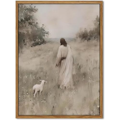 Framed Jesus Leaves the 99 Sheep Wall Art, Christian Jesus and Lamb Wall Decor Paintings, Vintage Religious Pictures Canvas Prints Rustic Lost Sheep Home Decor for Living Room Bedroom 12x16 inch