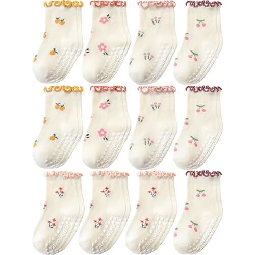 Aroveea Baby Toddler Girls Socks Grip Ruffle Non Slip Girls Cotton 12 Pack Socks for Kids Cute Ankle 6M-7Years