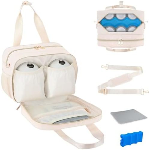 Breastmilk Cooler Bag with Ice Pack, Fits 6 Baby Bottles Up to 9 Ounce, Insulated Bottle Travel Bags with Shoulder Strap-Wearable Breast Pump Carrying Case for Nursing & Working Moms (Cream)