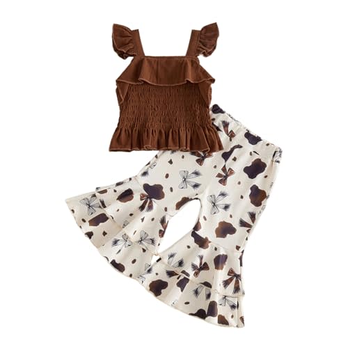 KMBANGI Toddler Girl Western Outfit Ruffle Trim Top Cow Print Flare Pants | Baby Girl Western Clothes 2-Piece Set, Sleeveless Smocked Tank Top, Cow Bell Bottoms, Summer Cowgirl Rodeo Outfit