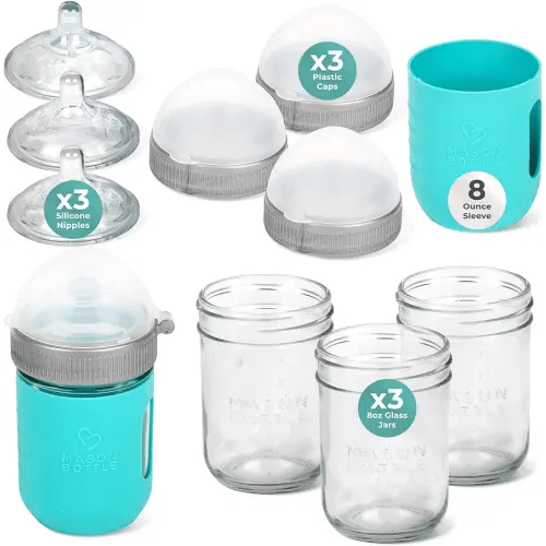Mason Bottle Baby Glass Bottles Gift Set - Includes 3X Anti Colic Glass Baby Bottle 8 oz, 3X Slow Flow Nipple, 3X Cap+Ring, 1x Silicone Sleeve - BPA Free, Non Toxic Glass Feeding Bottles for Babies
