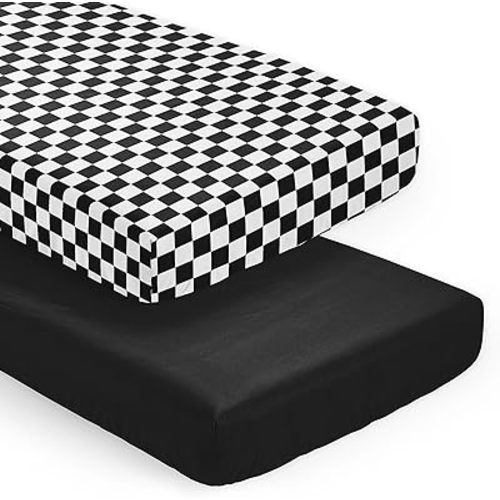 Sweet Jojo Designs 2-Piece Baby Crib Sheets Set (Black/White Gingham Checkered Plaid) for Boys/Girls, Infant Nursery, Toddler Room - Fitted, Standard Size (Solid Onyx & Vintage, Classic, Checkerboard)