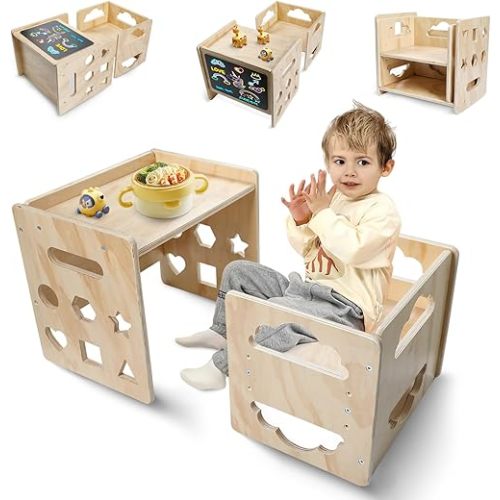 Satisure Montessori Weaning Table and Chair Set, Wooden Toddler Table and Chair Set, 1-3 Age Kids Table and Chairs with Blackboard & 3 Heights Adjustable for Eating & Drawing & Reading