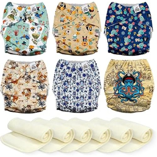 Mama Koala 3.0 Cloth Diapers for Babies, 6 Pack One Size Washable and Reusable Pocket Diapers for Newborns and Toddlers (Pirates are Coming)