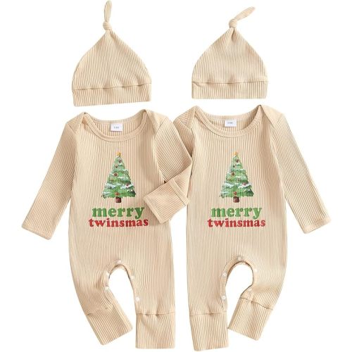 Newborn Baby Boy Girl Twin Matching Christmas Outfits Merry Twinsmas Romper One Piece Jumpsuit Fall Winter Clothes Hat