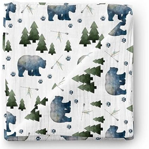 AENNE BABY Muslin Swaddle Blanket for Boys & Girls, Infant Toddler Quilt, Luxurious Wrap, Soft and Silky Stroller & Nursing Cover, Tribal Bear in Woodland Blankie, Large 47"x 47", 1 Pack
