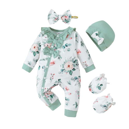 KIMI BEAR Newborn Baby Girls Romper Long Sleeves Floral Bodysuits with Headband 2pcs Baby Girls One-piece Green 0-3 Months
