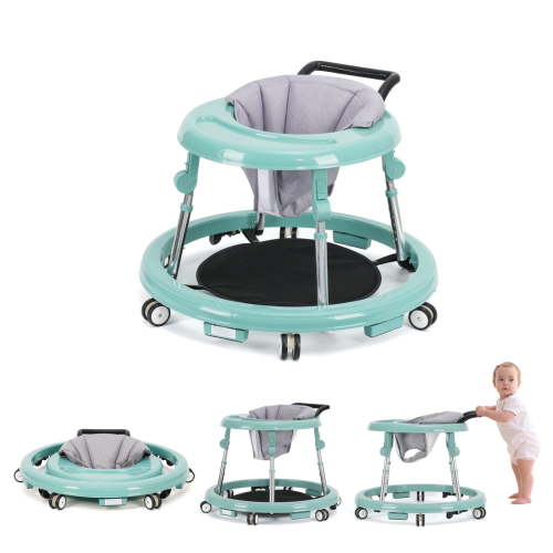 Baby Walker for 6-18 Months, One Touch Foldable with 9 Adjustable Heights, Lockable Anti-Slip Wheels, Green