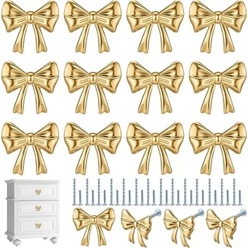 Hotop 15 Pack Bow Dresser Knobs Gold Cabinet Drawer Knobs with 2 Kinds Screws for Hardware Dresser Kitchen Drawer Aluminum Alloy Oxidation Wire Drawing Handle, 1.57" x 1.18" (Brushed Gold)