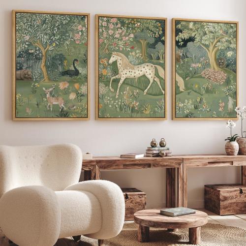 Enchanted Horse Art Set of 3 - Framed Woodland Animal Canvas Prints, Whimsical Forest Scenes for Nursery, Living Room or Fairy Tale Decor