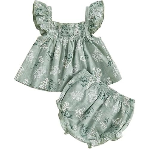 Hnyenmcko Infant Toddler Baby Girl Summer Clothes Floral Ruffle Sleeve Shirt Dress Tops and Bloomers Shorts Set Cute Outfits
