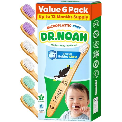 Dr. Noah Microplastic-Free Bamboo Baby Toothbrush, Dentist Designed, 6 Pack