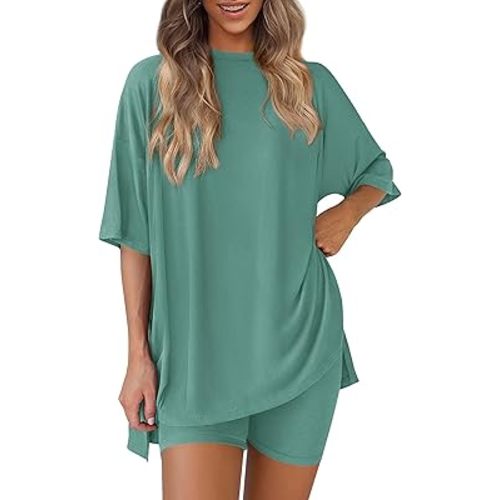 PRETTYGARDEN Women's Two Piece Lounge Set 2025 Summer Casual Oversized Shirts Biker Shorts Matching Airport Travel Outfit