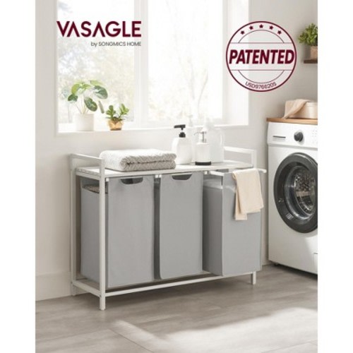 3-Bag Laundry Sorter Cart with Removable Washable Bags, Ventilated Top Shelf and Locking Wheels, 31.7 Gallon Capacity, Dove Gray