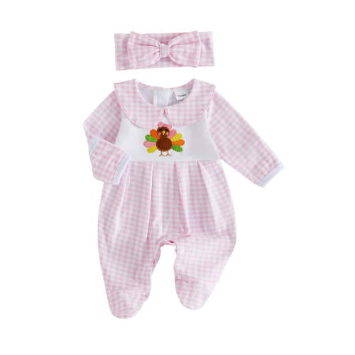 Cjfdfy Newborn Baby Girls Thanksgiving Turkey Outfits Pumpkin Turkey Embroidery Long Sleeve Plaid Footed Romper Headband My First Thanksgiving Fall Winter Outfit Little Turkey Clothes