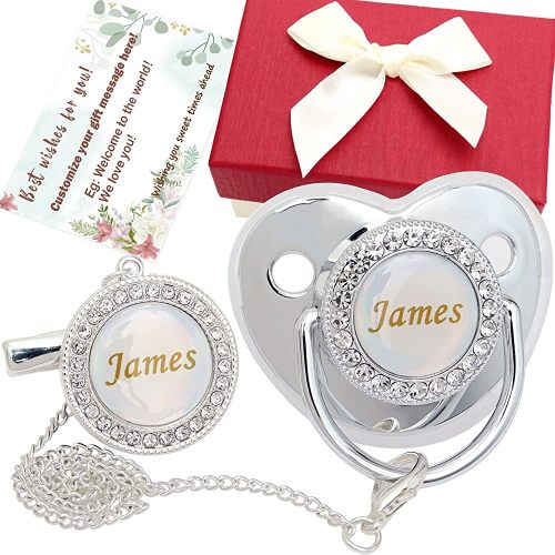 Personalized Pacifier Set with Name, BPA Free, Bling Gold Silver Pink Rose Gold Luxurious Ideal Gift for Newborns (Silvery)