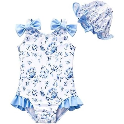 GEMLON Infant Girl Swimsuit Ruffled Stripe Bow One Piece Bathing Suit with Hats Summer 12M-4T Swimsuit for Girls