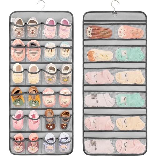 Dual-sided Hanging Baby Shoes Organizer Closet Toddler Shoe Storage Holder for Kids Bow Socks Underwear (GREY)