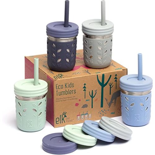 Elk and Friends 10oz Stainless Steel Kids + Toddler Drinking Cups | The Original Mason Jar with Sleeves + Lids | Silicone Straws | Smoothies | Storage Jar | Spill Resistant | Dishwasher Safe | 4 Pack