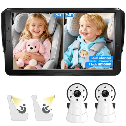 2-Kids Baby Car Camera Dual Monitor – 7 Inch Display with Two Rear Facing Car Seat Cameras, 1080P HD Night Vision IR-CUT, USB Powered Plug and Play Backseat Baby Monitor for Infant & Toddler Safety
