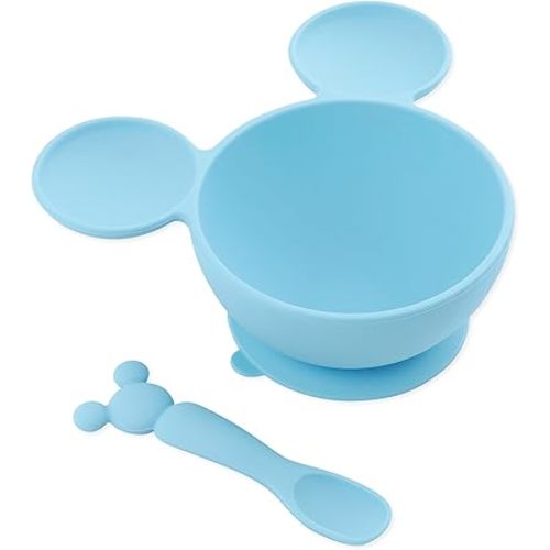 Bumkins Disney Baby Bowl, Silicone Feeding Set with Suction for Baby and Toddler, Includes Spoon and Lid, Essentials for Baby Led Weaning,for Babies 4 Months, Mickey Mouse Light Blue