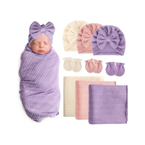 AQOKKA Baby Swaddle Blankets Wheat Ear Bow Hats Mitten for Newborns